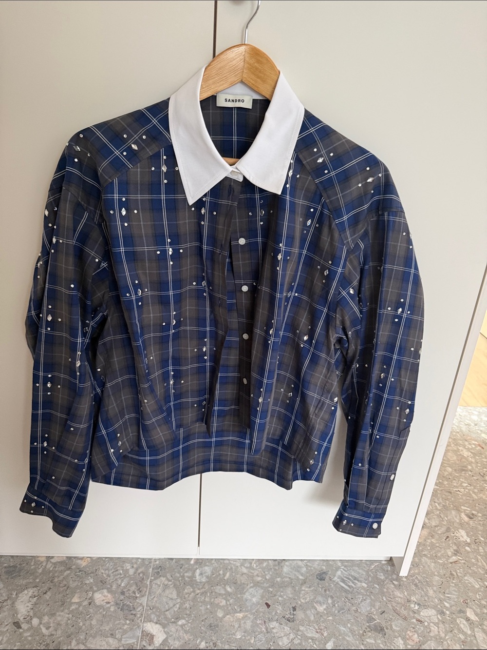 Sandro Blue Plaid Button-Down Shirt with White Contrast Collar